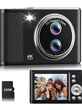 4K Ultra HD Digital Camera - 16X Zoom & Vlogging Camera with 32GB Card - Compact